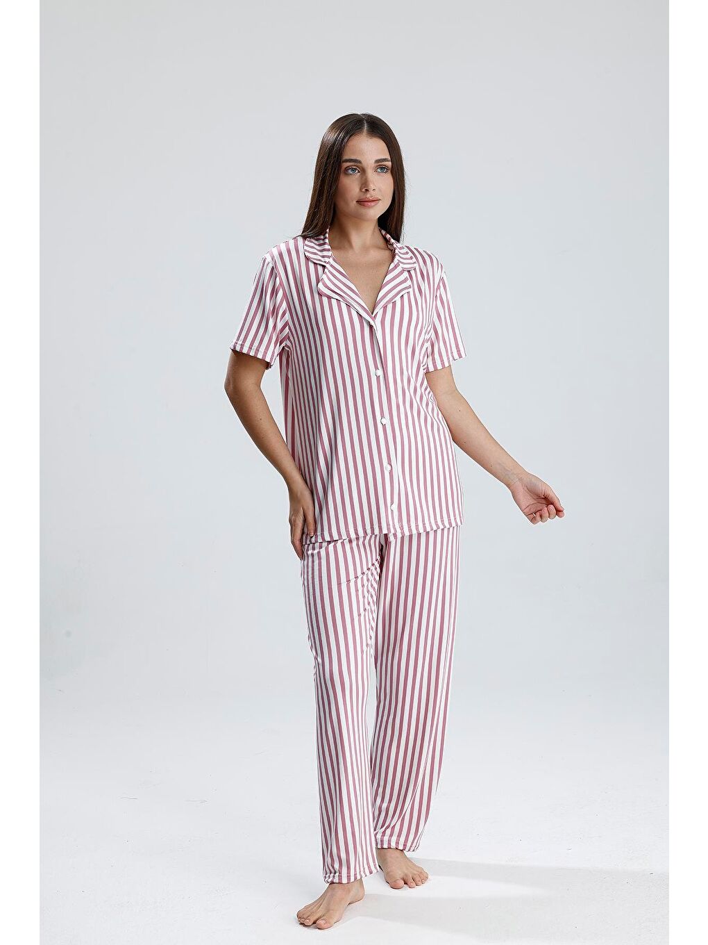 Kadın Çizgili Önden Düğmeli Pijama Takım | Mor-2