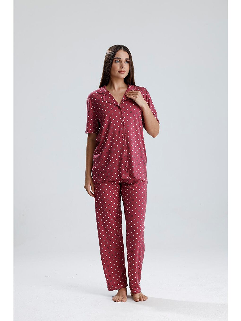 Kadın Puantiye Desen Önden Düğmeli Pijama Takım | Mürdüm