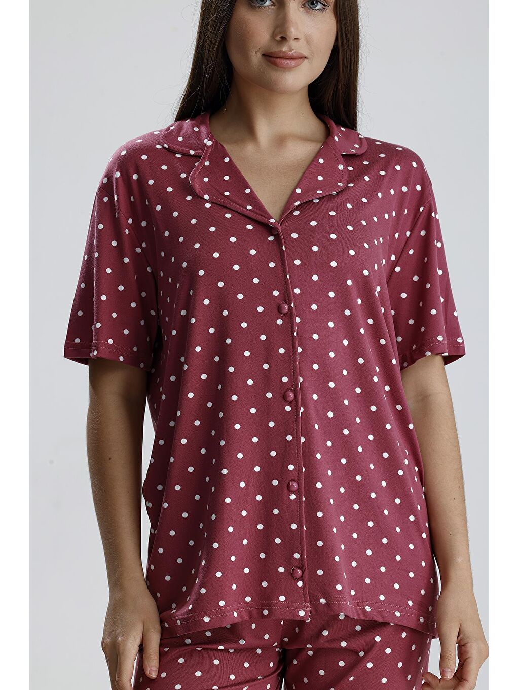 Kadın Puantiye Desen Önden Düğmeli Pijama Takım | Mürdüm-1