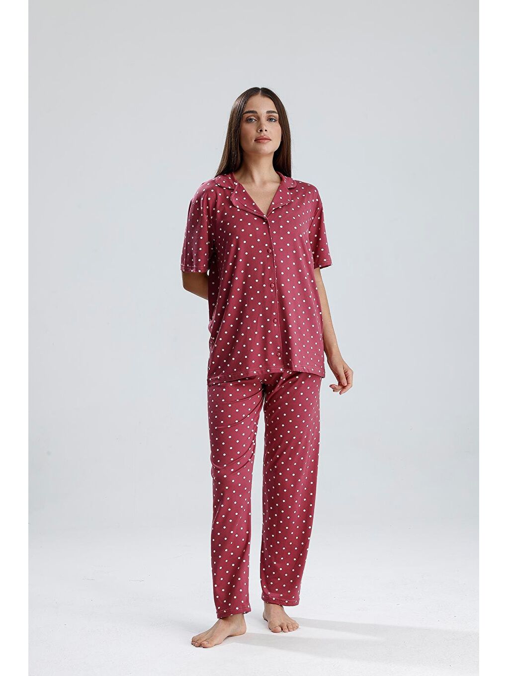 Kadın Puantiye Desen Önden Düğmeli Pijama Takım | Mürdüm-2
