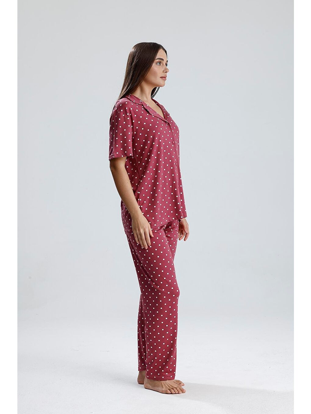 Kadın Puantiye Desen Önden Düğmeli Pijama Takım | Mürdüm-3