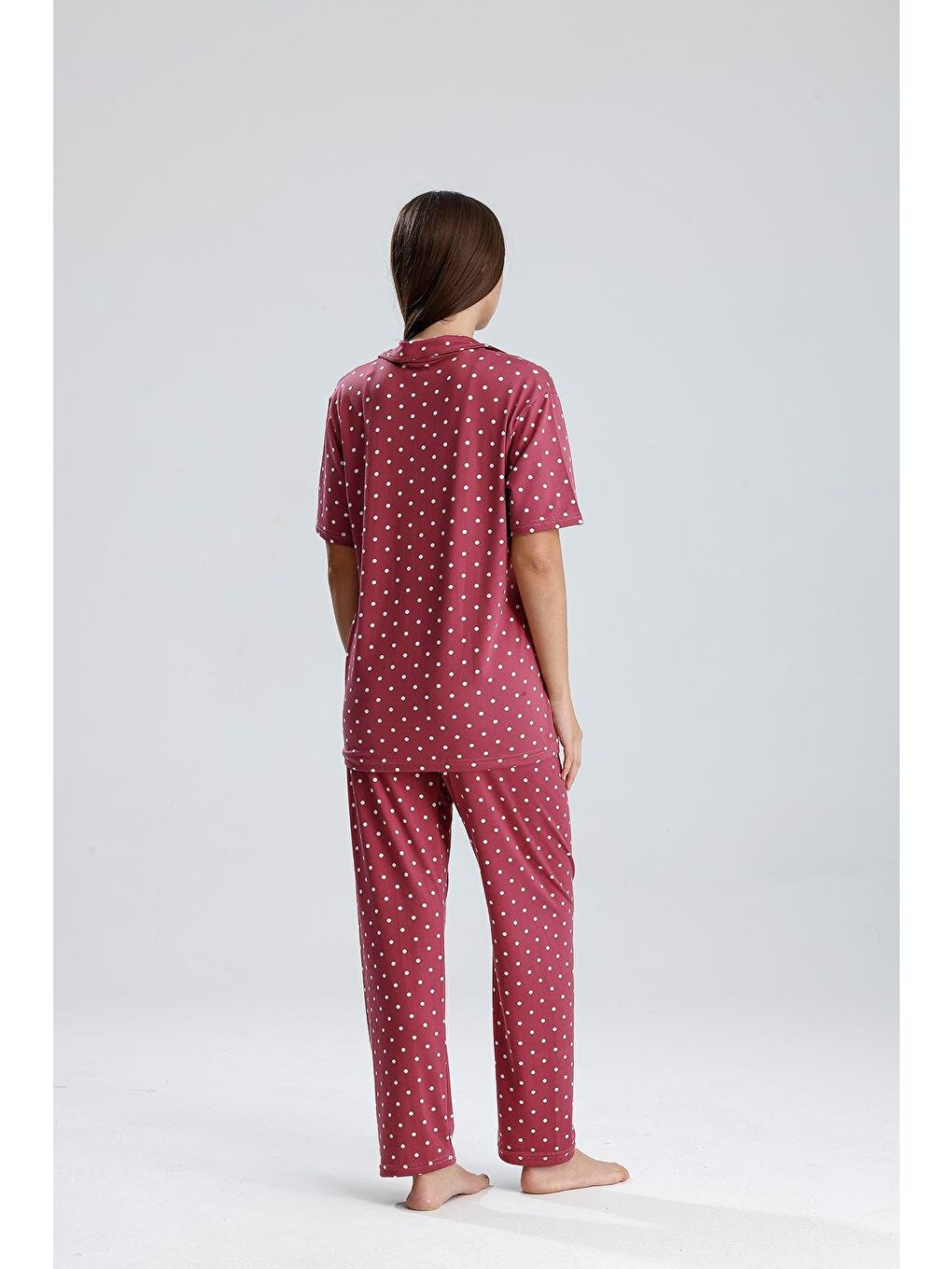 Kadın Puantiye Desen Önden Düğmeli Pijama Takım | Mürdüm-4