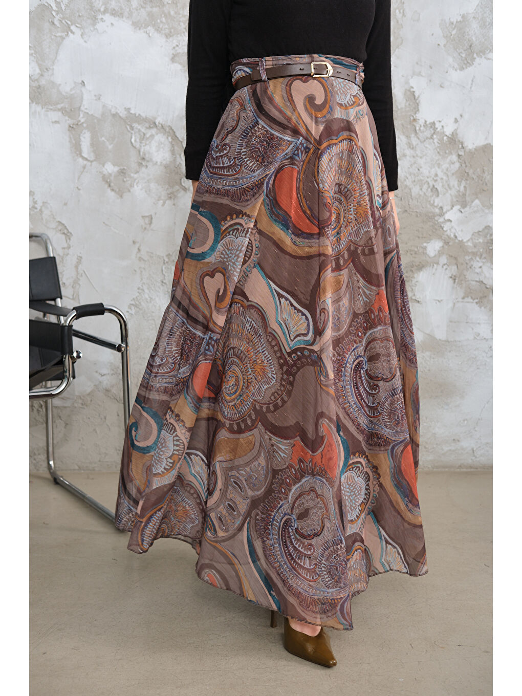 Kadın Kemerli Şifon Etek Yağ Yeşil-1