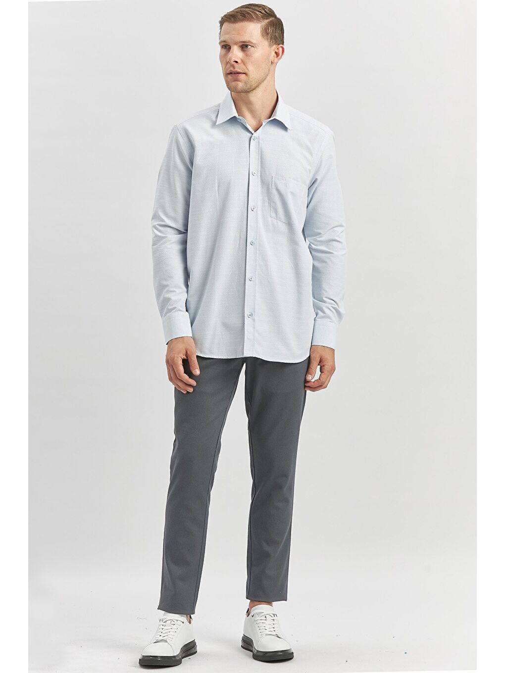 Koyu Mavi Uzun Kol Kendinden Desenli Armürlü 041 Sert Yaka Classic Comfort Fit Gömlek 1004240264-3