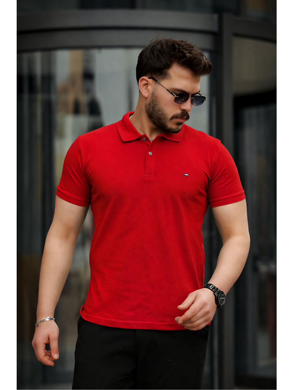 Kırmızı Erkek Polo Yaka Dar Kesim Tişört-3