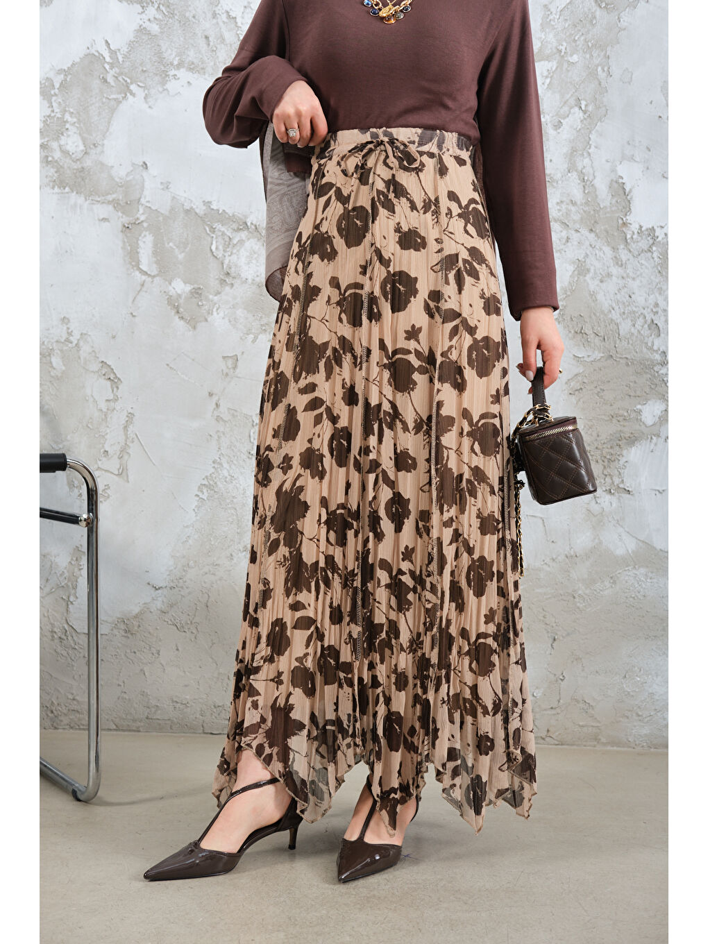 Kadın Asimetrik Şifon Etek Kahverengi