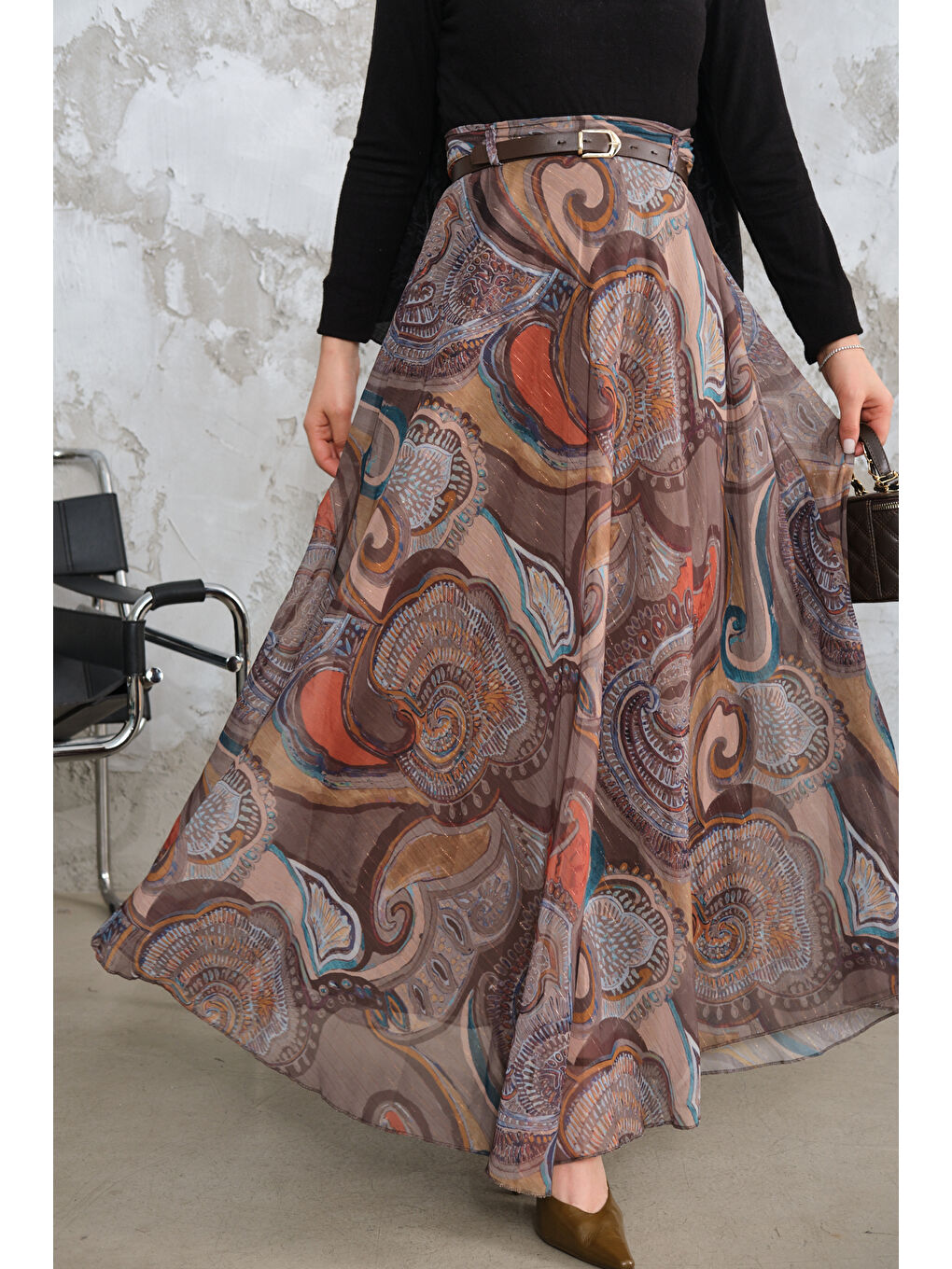 Kadın Kemerli Şifon Etek Yağ Yeşil-2