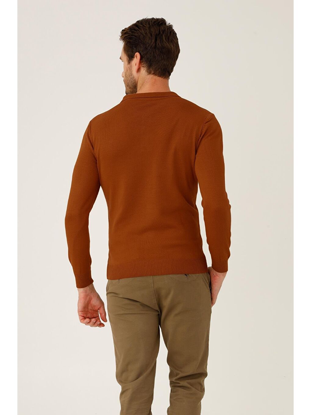 Turuncu Kiremit Dar Kalıp Polo Yaka Düz Uzun Kollu Triko-1