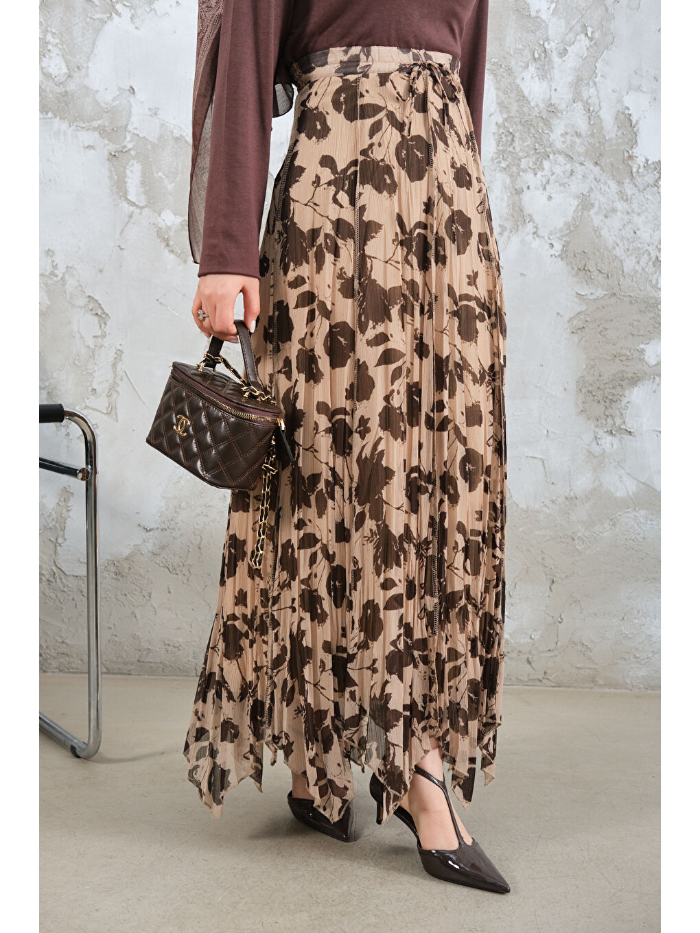 Kadın Asimetrik Şifon Etek Kahverengi-1