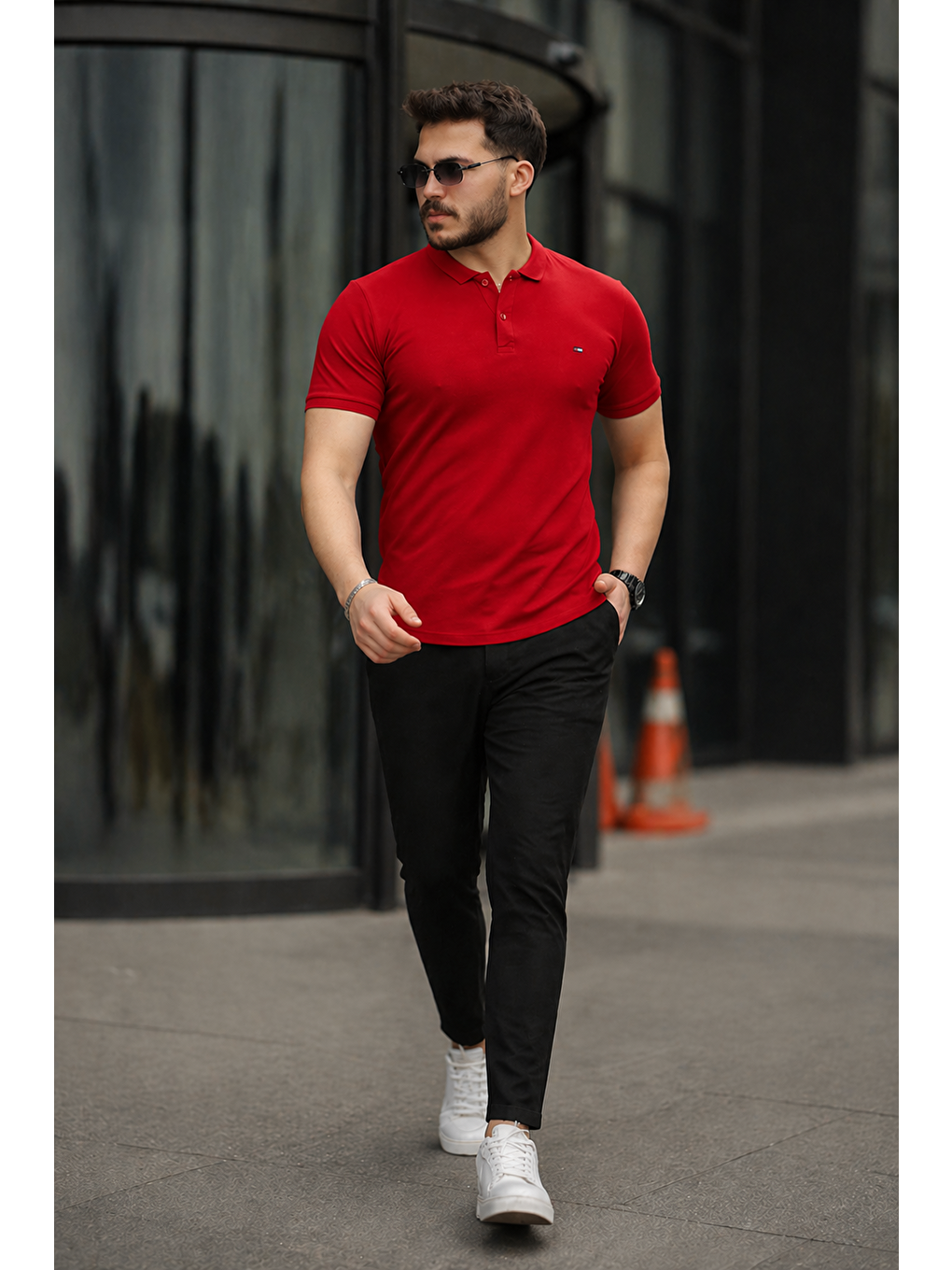 Kırmızı Erkek Polo Yaka Dar Kesim Tişört-4