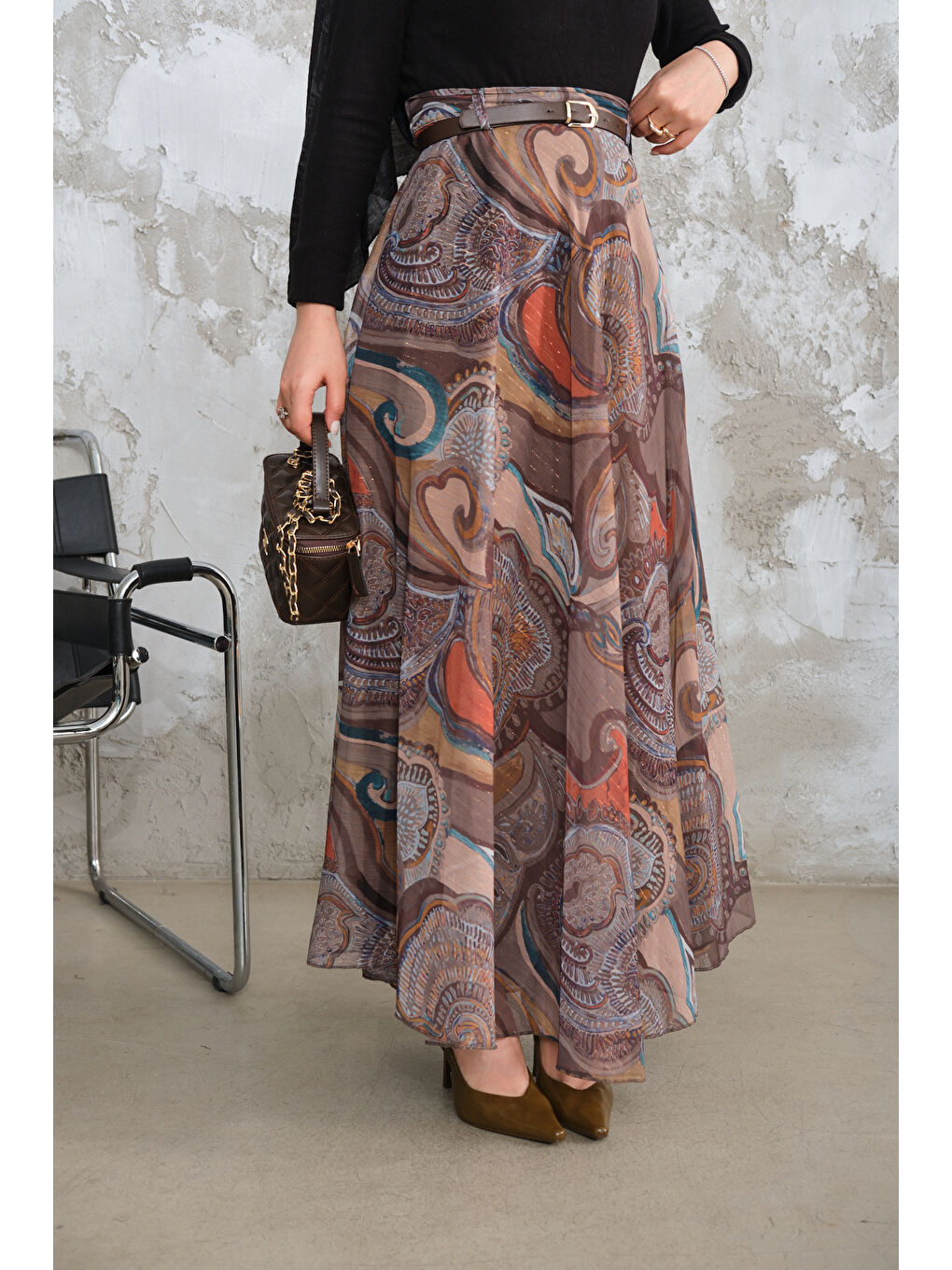 Kadın Kemerli Şifon Etek Yağ Yeşil-3