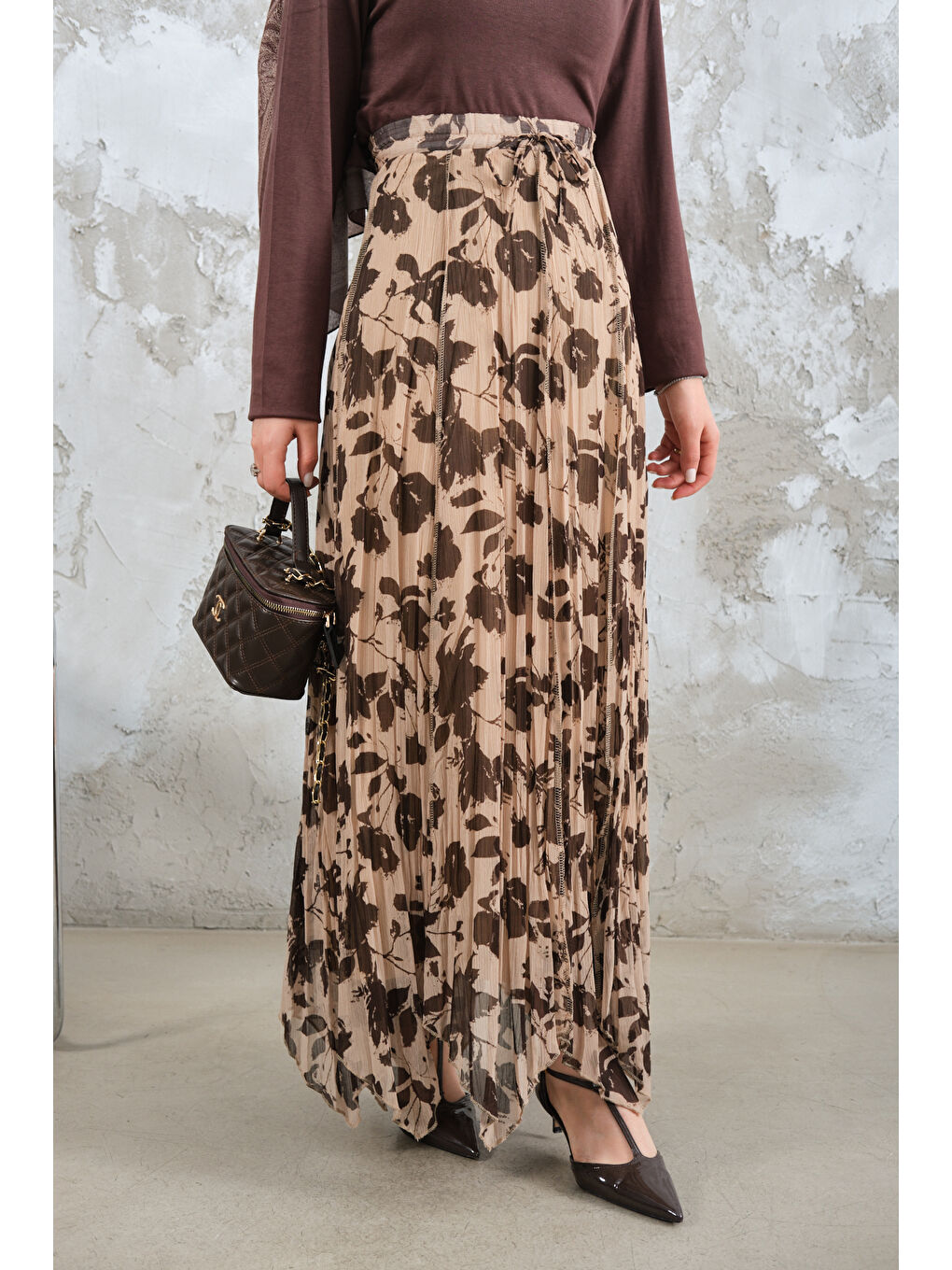 Kadın Asimetrik Şifon Etek Kahverengi-2