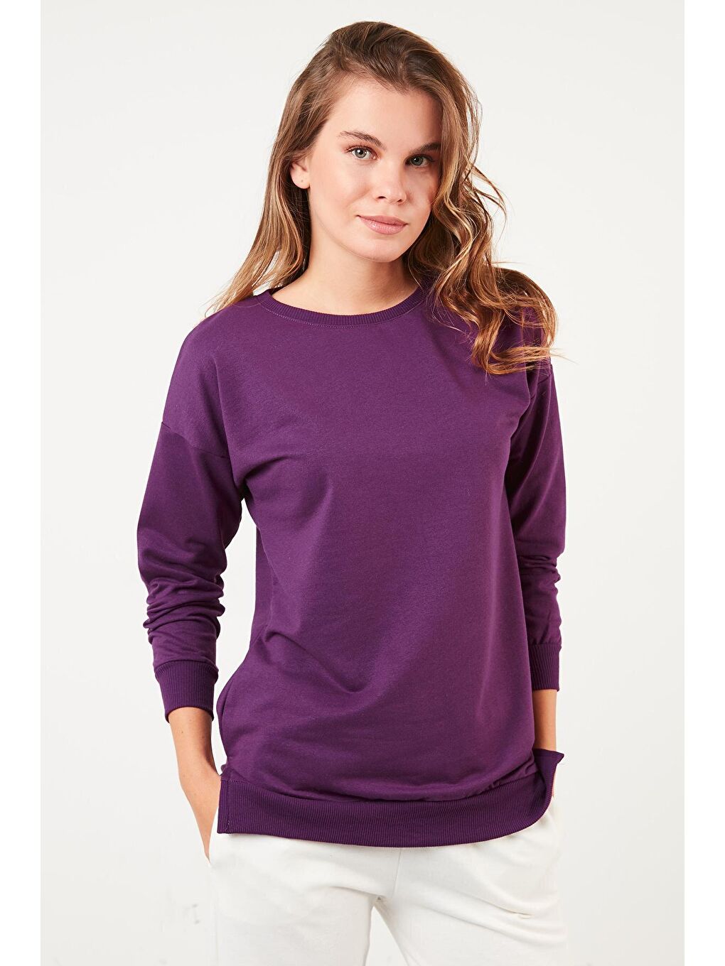 Mor Pamuklu Regular Fit Bisiklet Yaka Basic Sweat 5863569-1