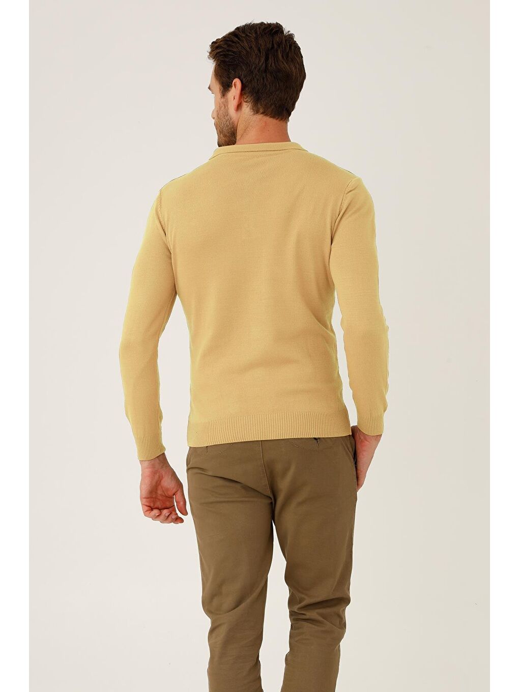 Bej Dar Kalıp Polo Yaka Düz Uzun Kollu Triko-1