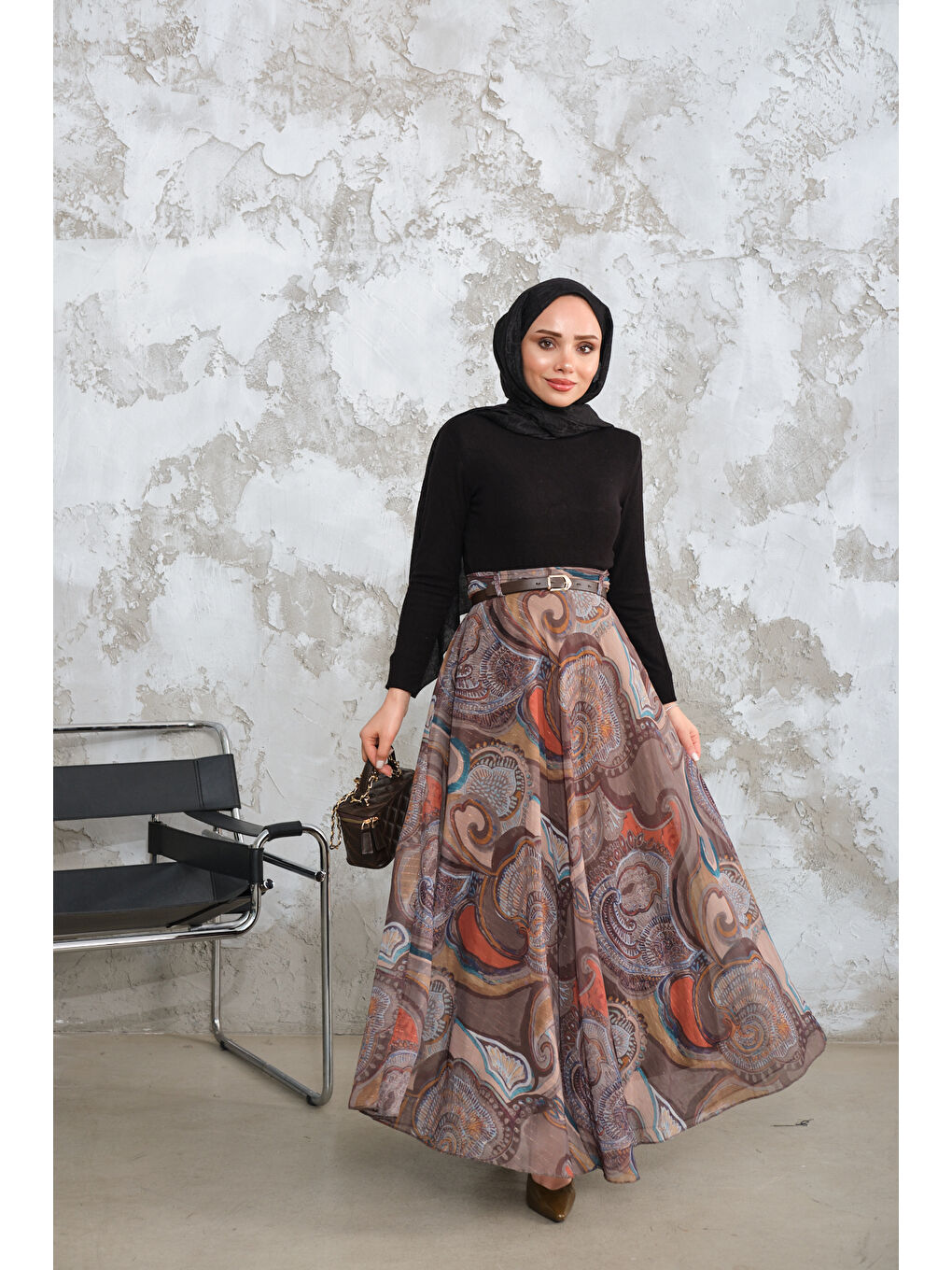 Kadın Kemerli Şifon Etek Yağ Yeşil-4