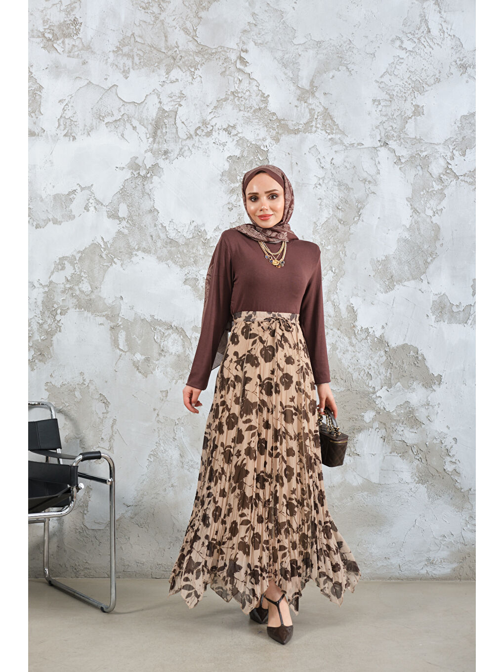 Kadın Asimetrik Şifon Etek Kahverengi-4