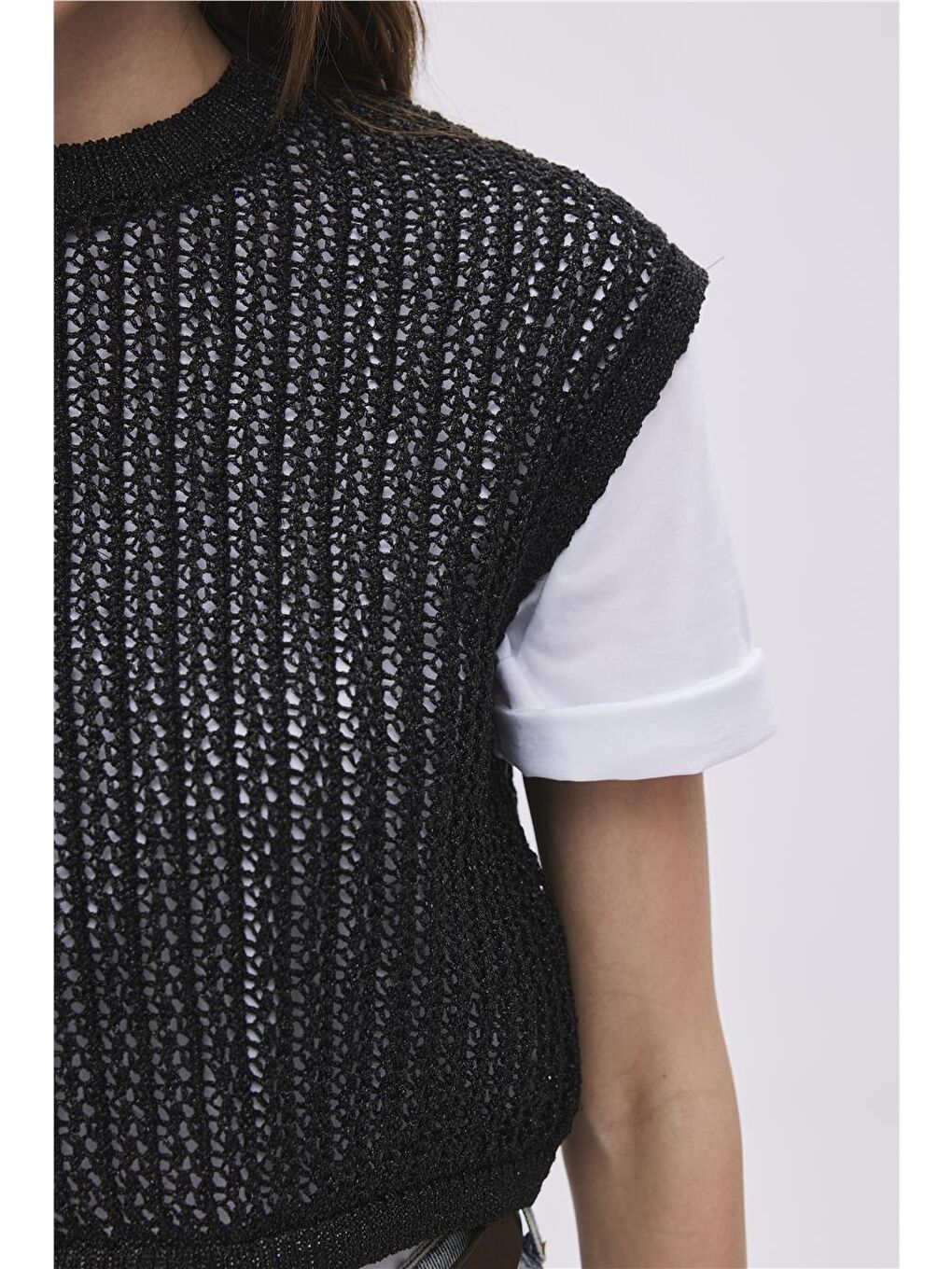 Siyah Bisiklet Yaka Parlak Süveter-3
