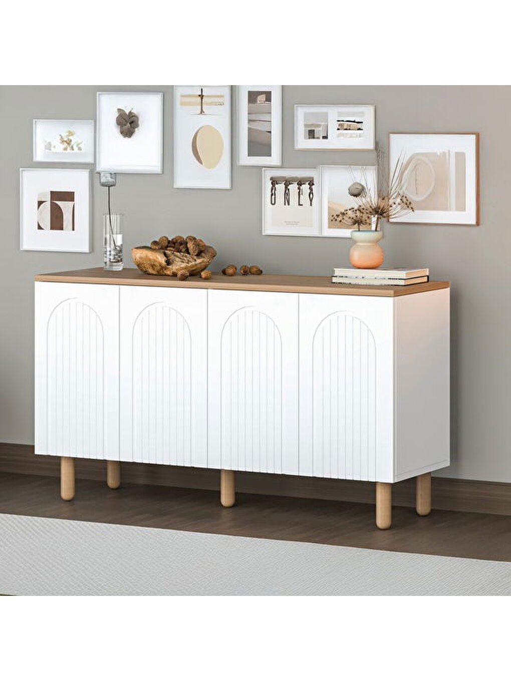 Kahverengi 4 Kapaklı Bohem Konsol - Beyaz / Sepet - 80x40x140 cm