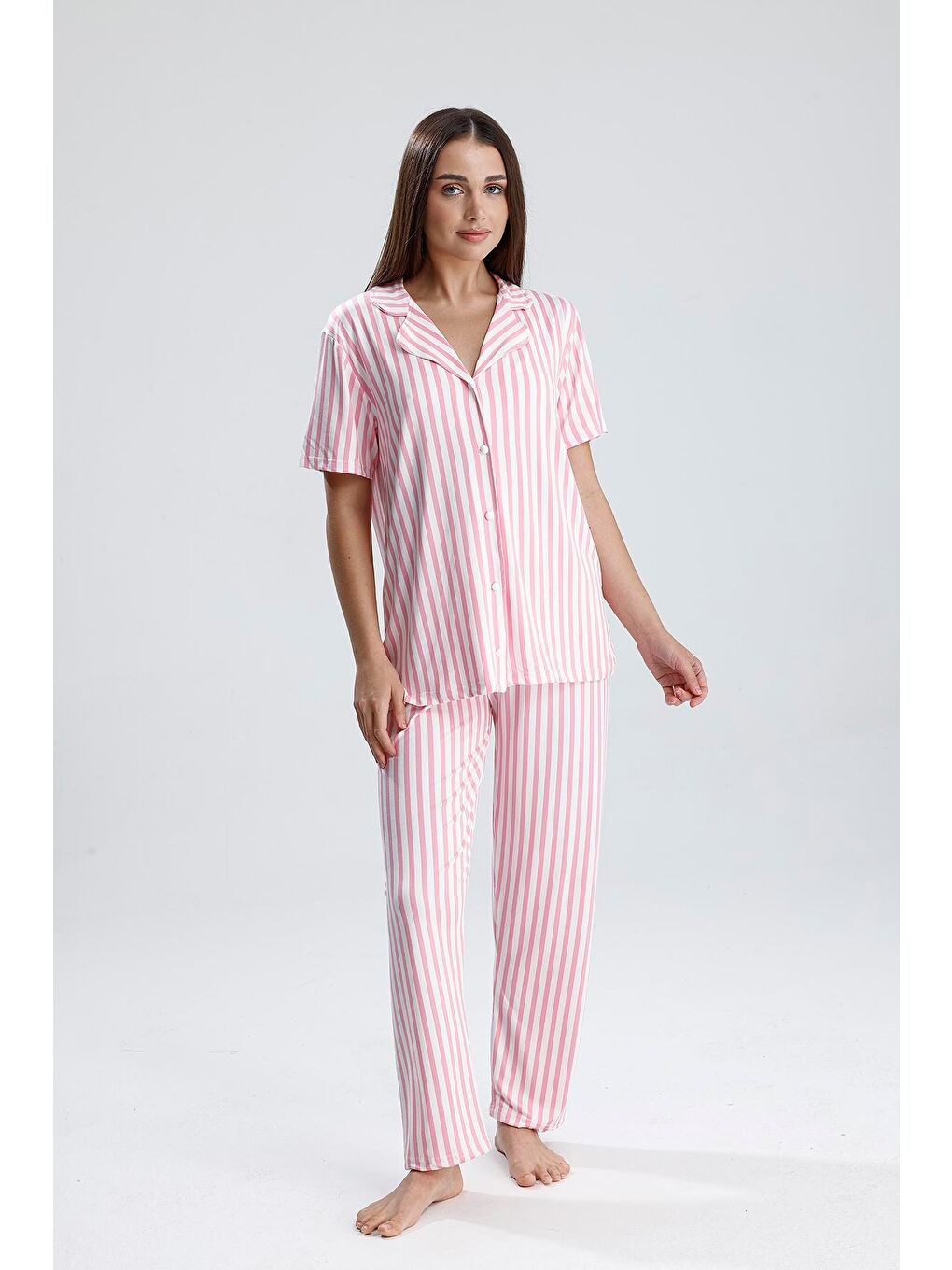 Kadın Çizgili Önden Düğmeli Pijama Takım | Pembe