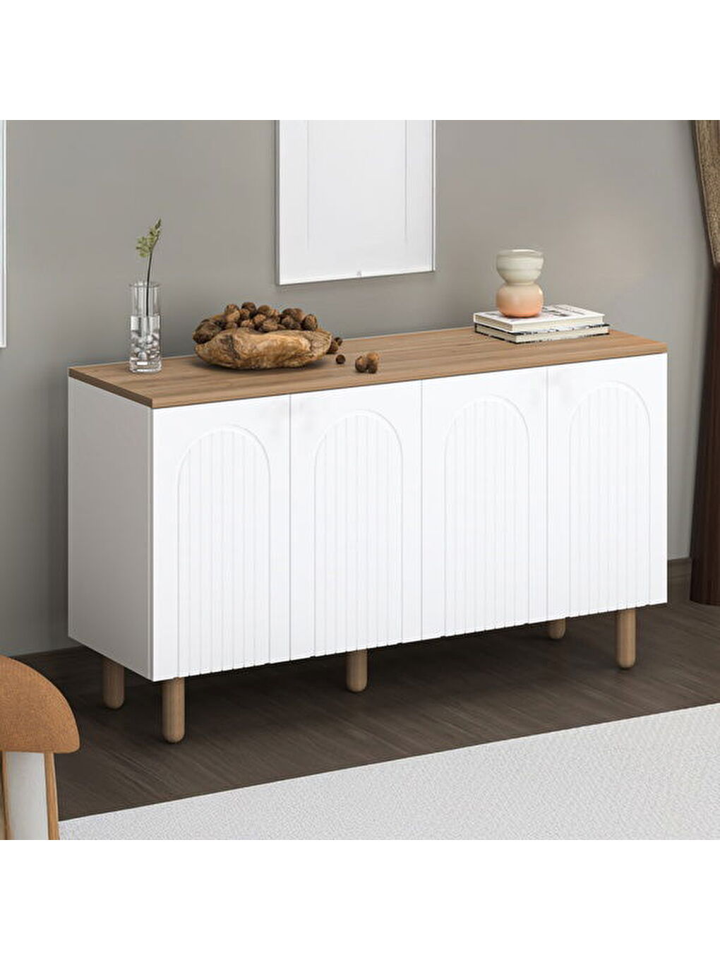 Kahverengi 4 Kapaklı Bohem Konsol - Beyaz / Sepet - 80x40x140 cm-1