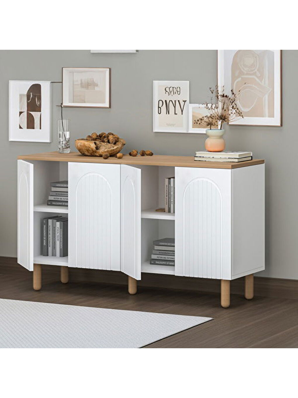 Kahverengi 4 Kapaklı Bohem Konsol - Beyaz / Sepet - 80x40x140 cm-3