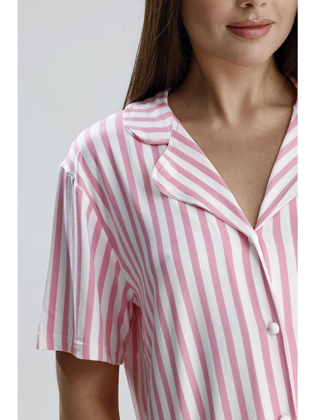 Kadın Çizgili Önden Düğmeli Pijama Takım | Pembe-1
