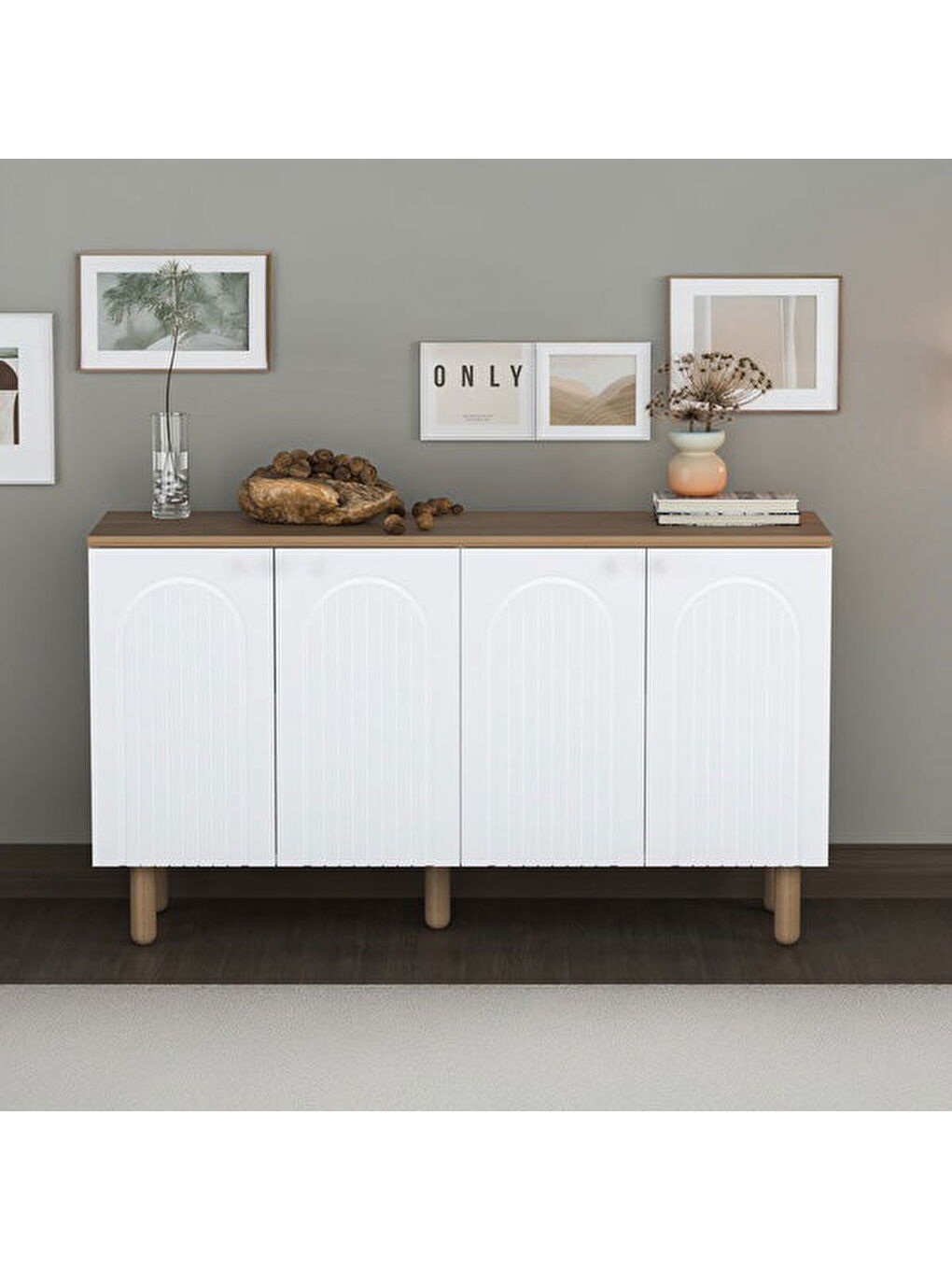 Kahverengi 4 Kapaklı Bohem Konsol - Beyaz / Sepet - 80x40x140 cm-5