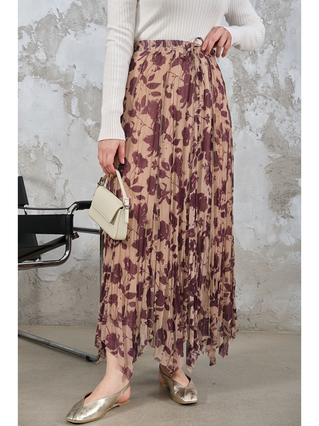 Kadın Asimetrik Şifon Etek Mürdüm