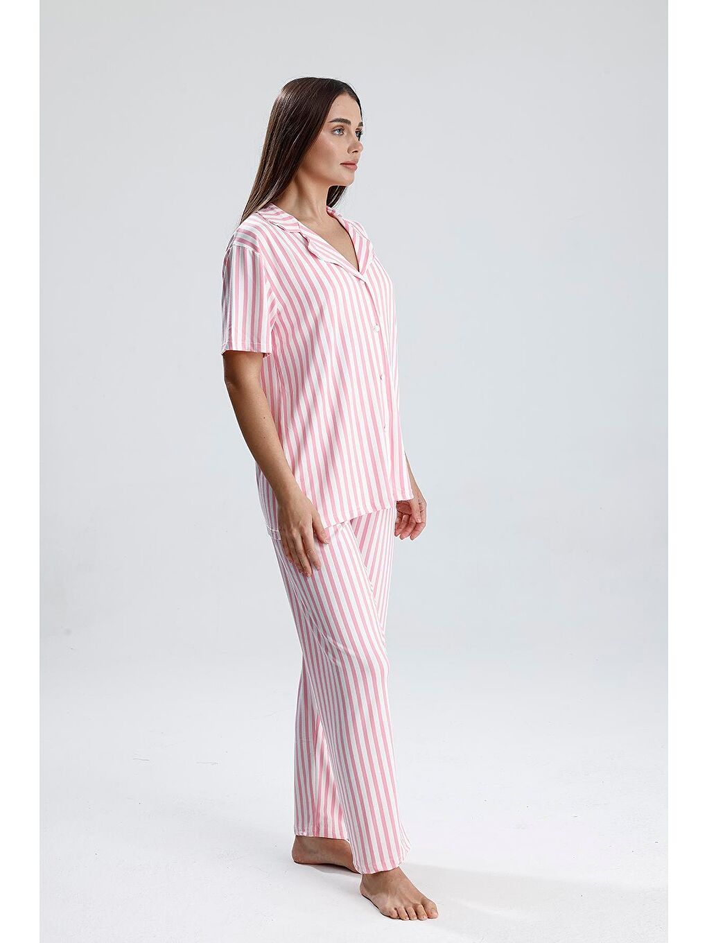 Kadın Çizgili Önden Düğmeli Pijama Takım | Pembe-3