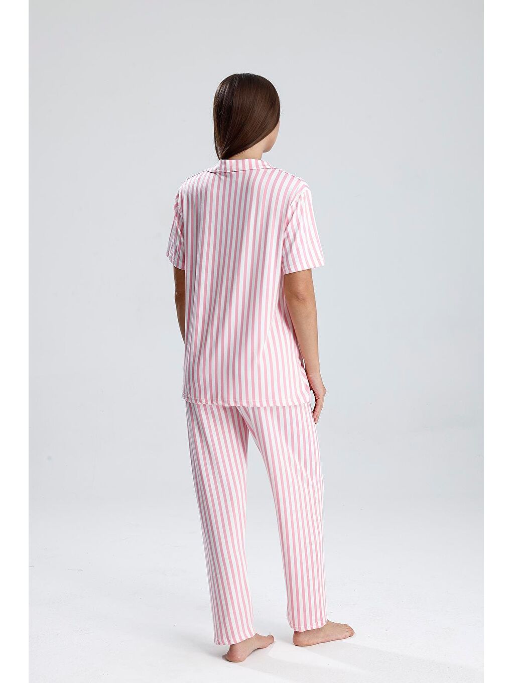 Kadın Çizgili Önden Düğmeli Pijama Takım | Pembe-4