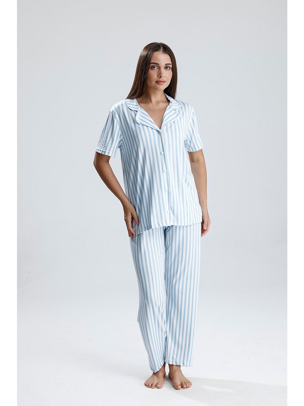 Turkuaz Kadın Çizgili Önden Düğmeli Pijama Takım | Mavi