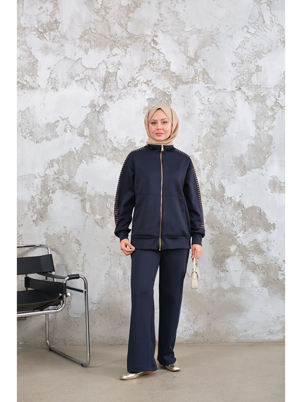Kadın Omuz Gold Drop Detay Önü Cepli Fermuar Detay Takım Lacivert