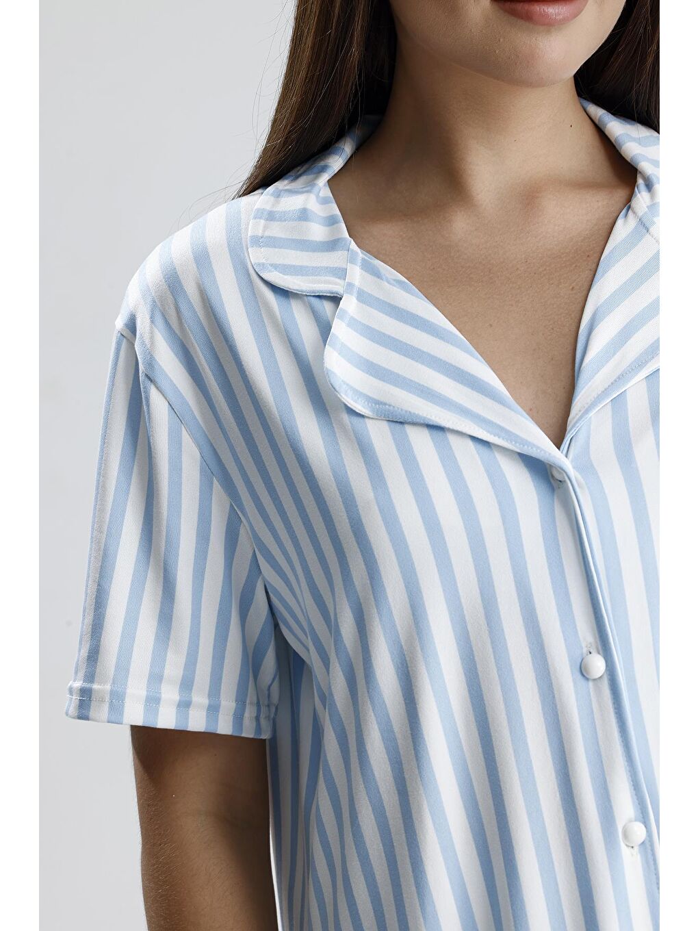 Turkuaz Kadın Çizgili Önden Düğmeli Pijama Takım | Mavi-1