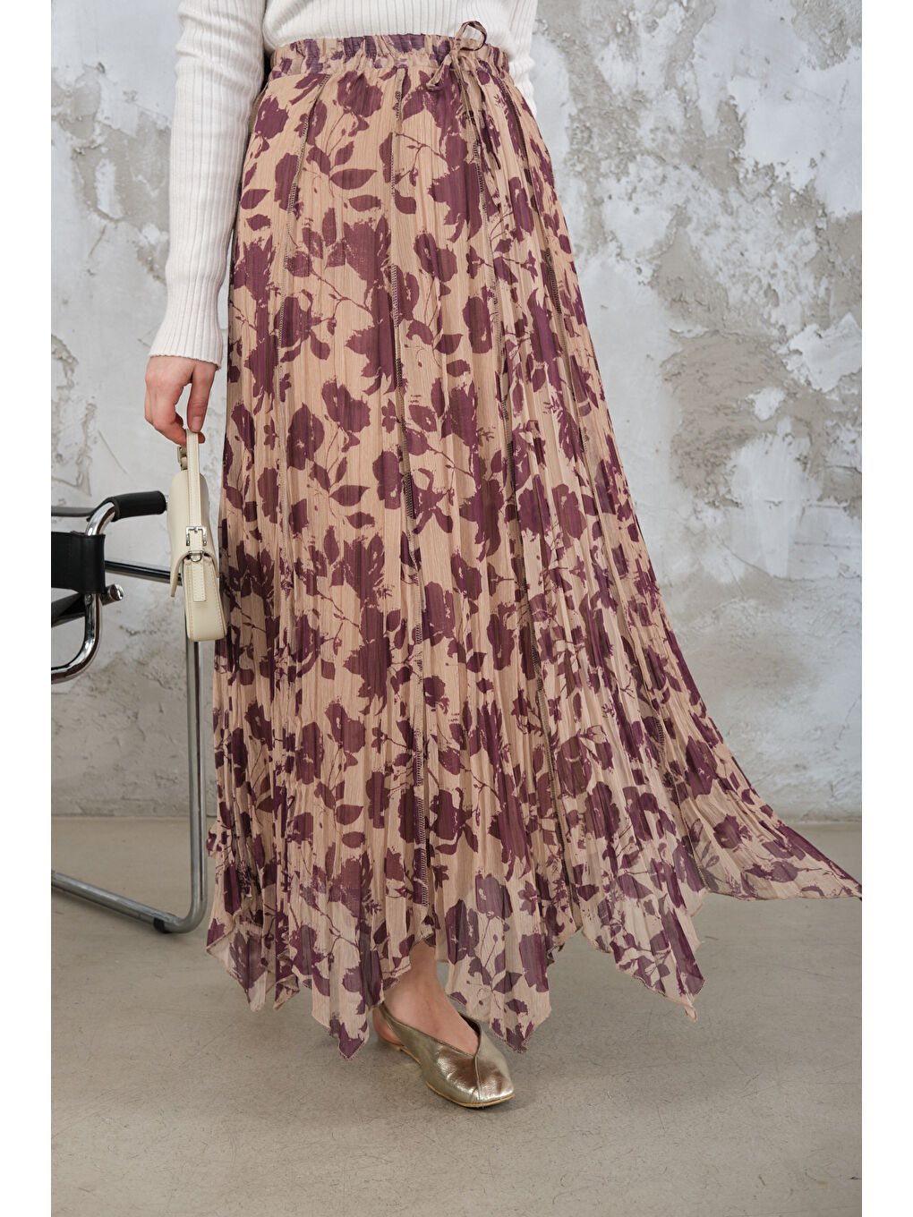 Kadın Asimetrik Şifon Etek Mürdüm-1