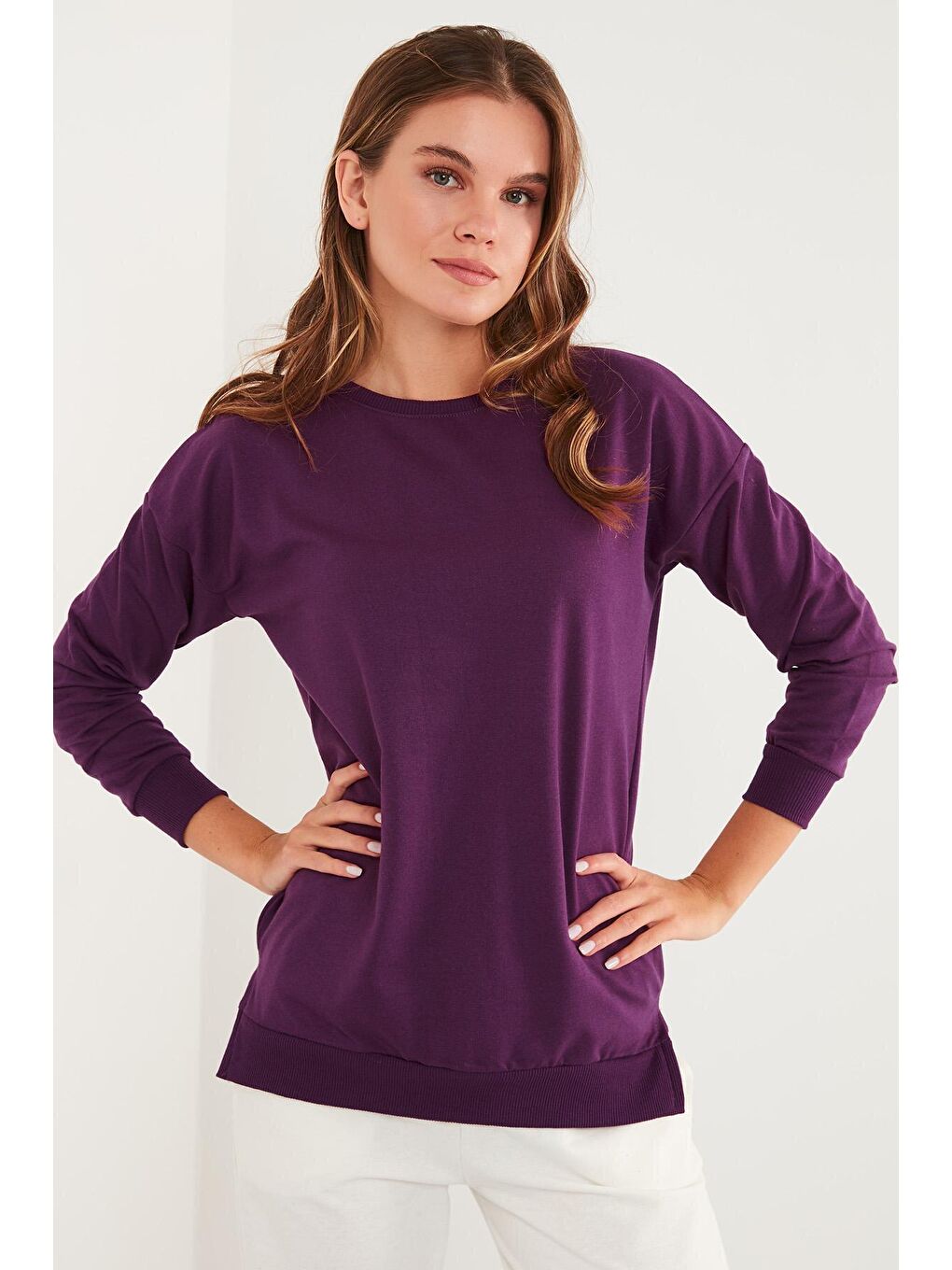 Mor Pamuklu Regular Fit Bisiklet Yaka Basic Sweat 5863569-2