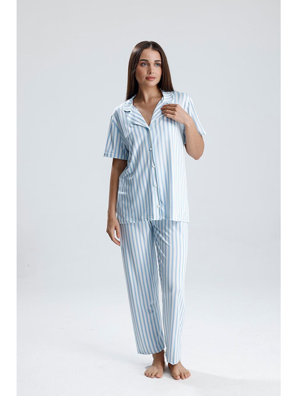 Turkuaz Kadın Çizgili Önden Düğmeli Pijama Takım | Mavi-2