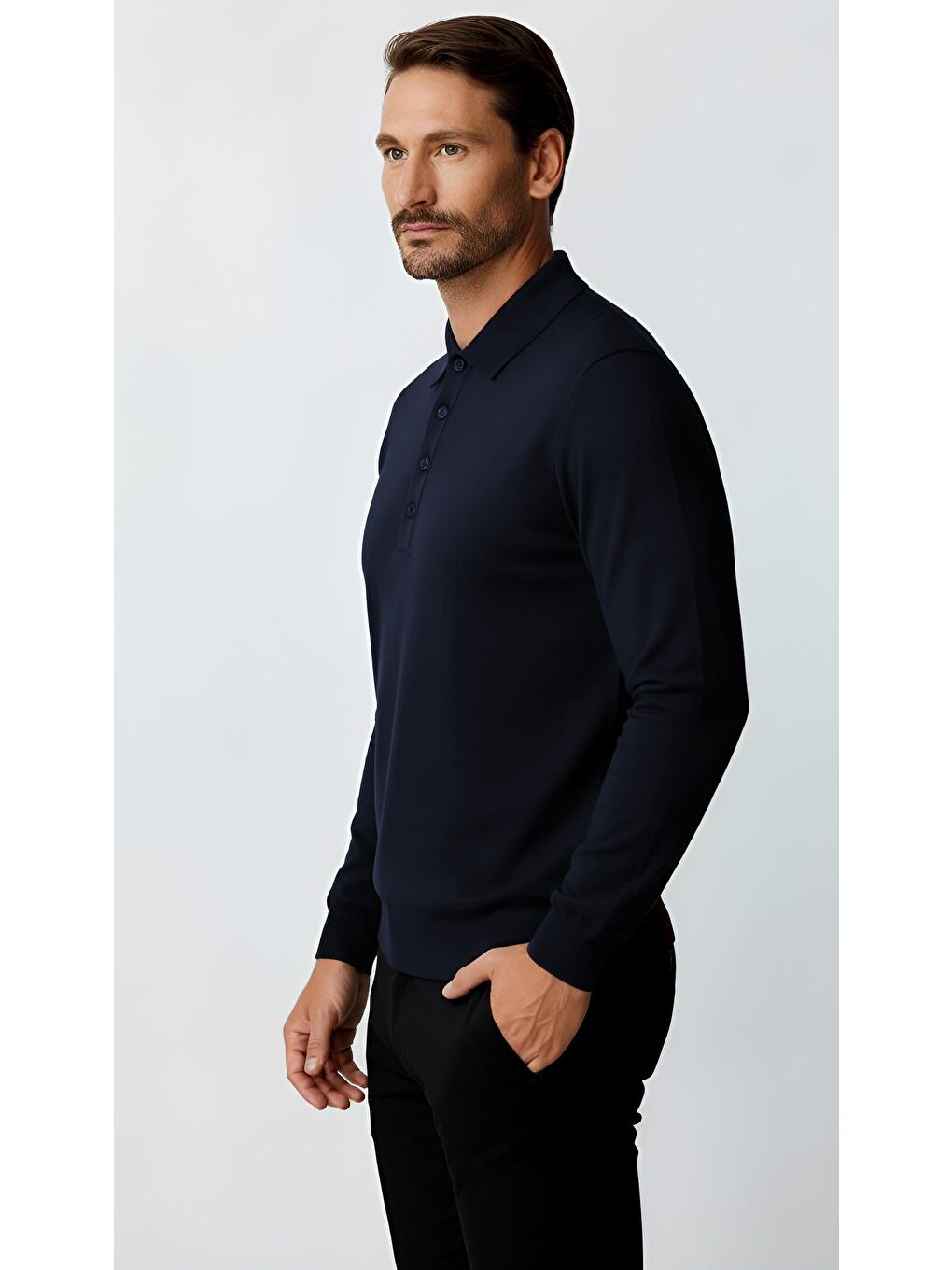 Lacivert Dar Kalıp Polo Yaka Düz Uzun Kollu Triko-1