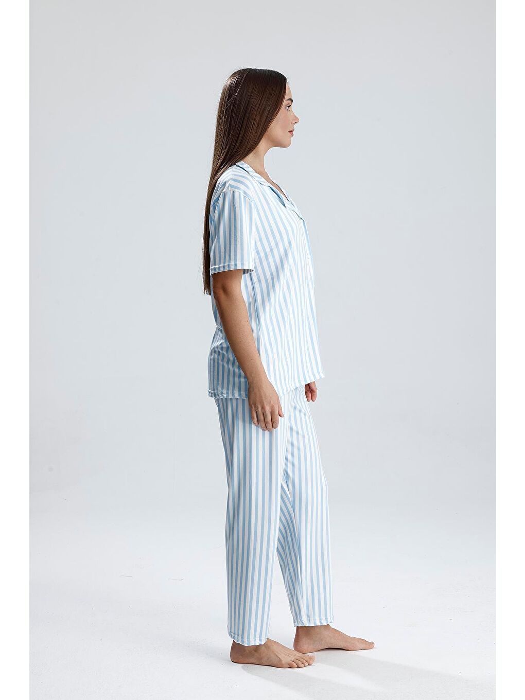 Turkuaz Kadın Çizgili Önden Düğmeli Pijama Takım | Mavi-3