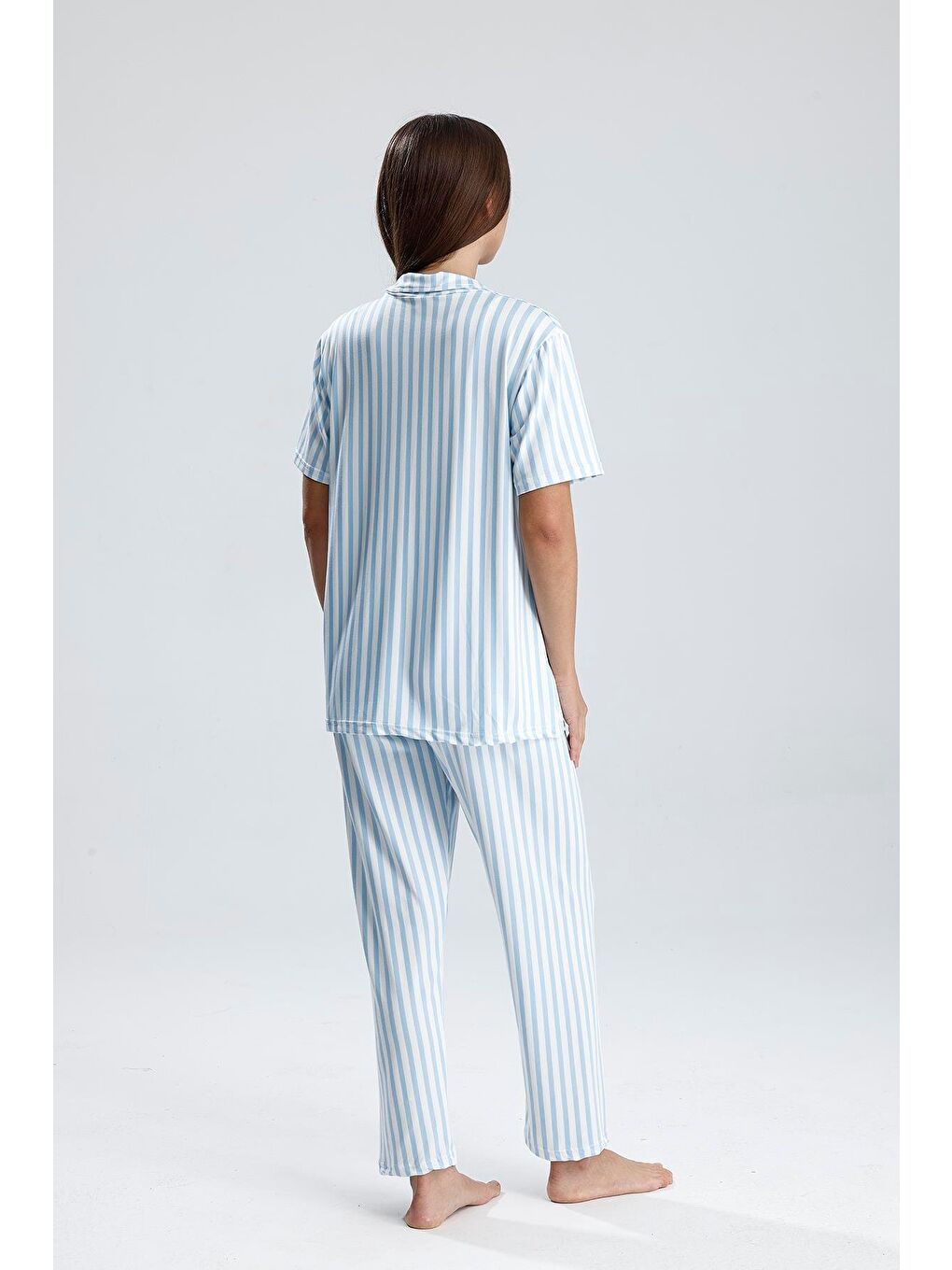 Turkuaz Kadın Çizgili Önden Düğmeli Pijama Takım | Mavi-4