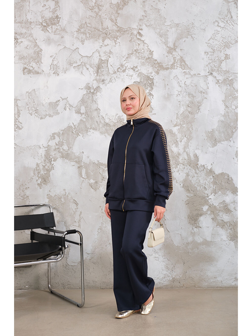 Kadın Omuz Gold Drop Detay Önü Cepli Fermuar Detay Takım Lacivert-1