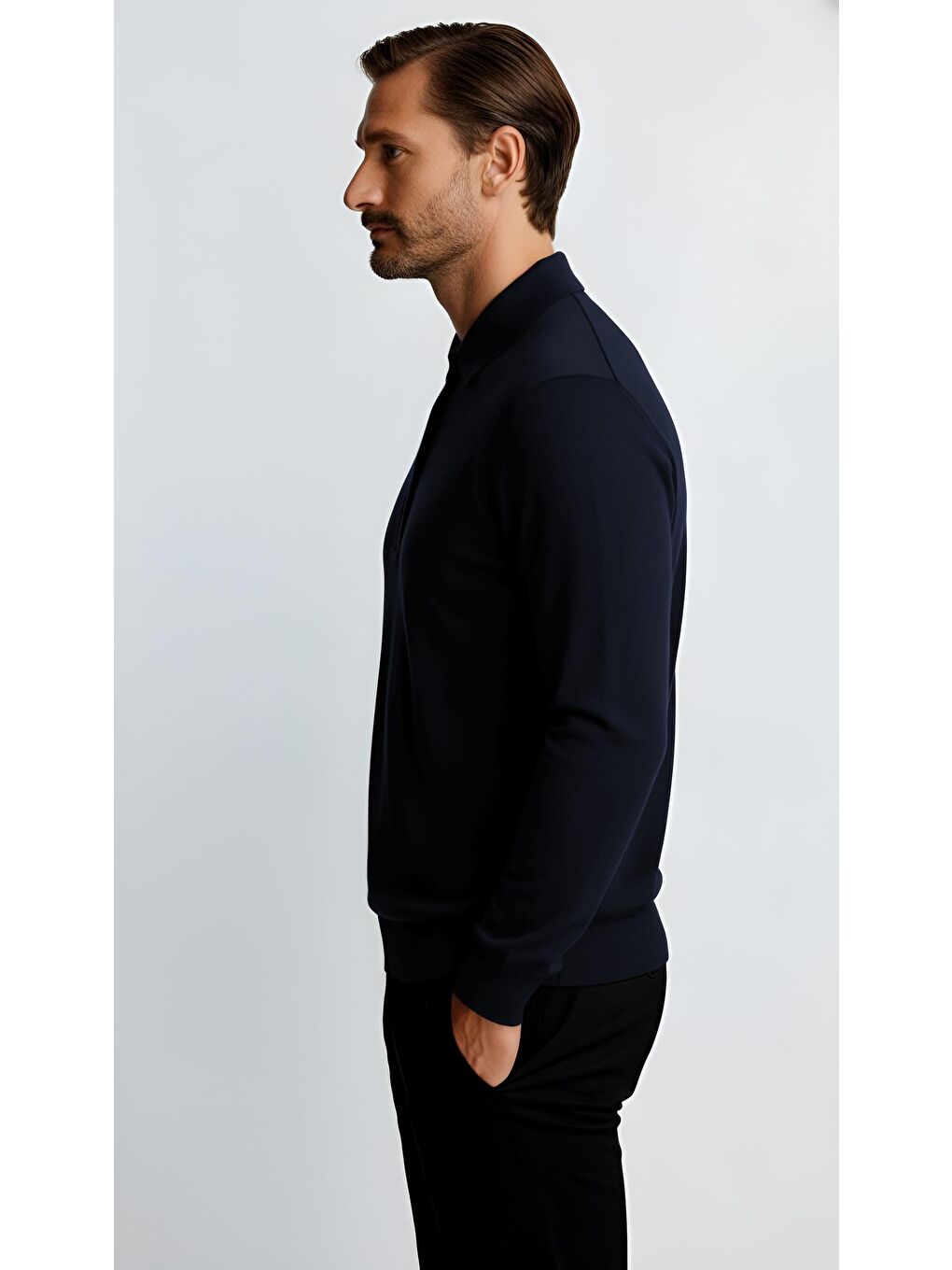 Lacivert Dar Kalıp Polo Yaka Düz Uzun Kollu Triko-2