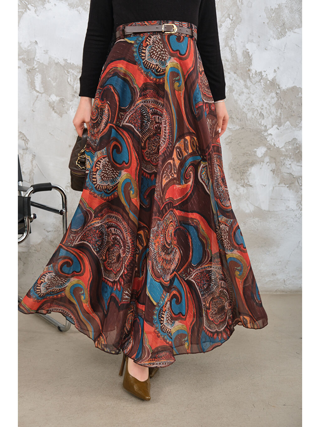 Kadın Kemerli Şifon Etek Kahverengi-1