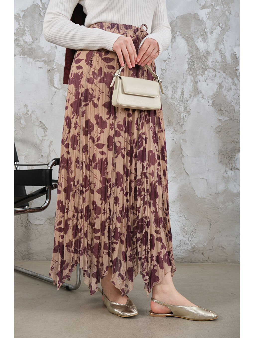 Kadın Asimetrik Şifon Etek Mürdüm-2