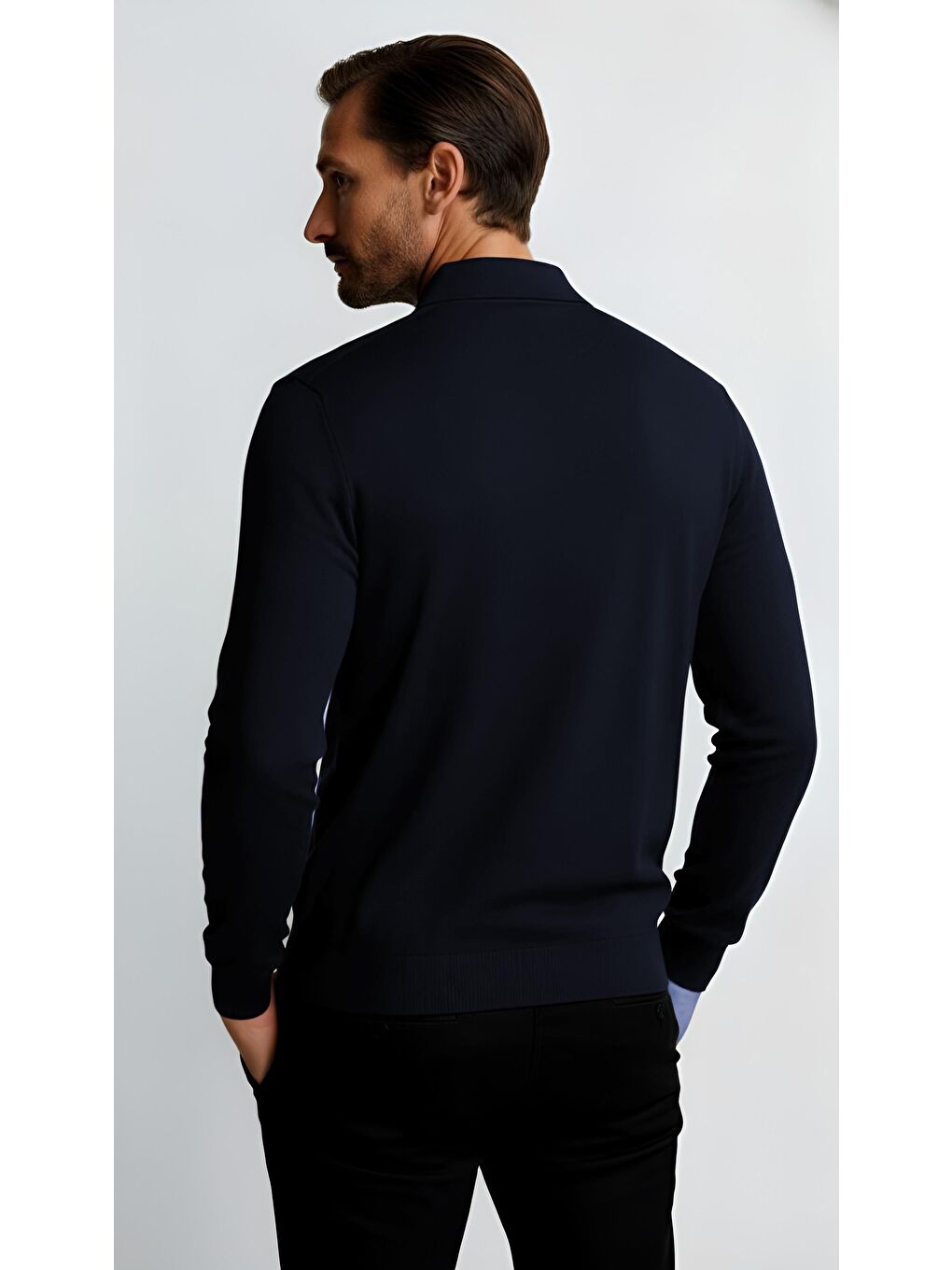 Lacivert Dar Kalıp Polo Yaka Düz Uzun Kollu Triko-3