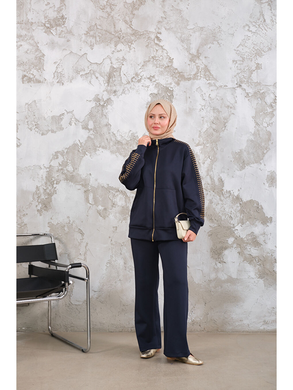 Kadın Omuz Gold Drop Detay Önü Cepli Fermuar Detay Takım Lacivert-2