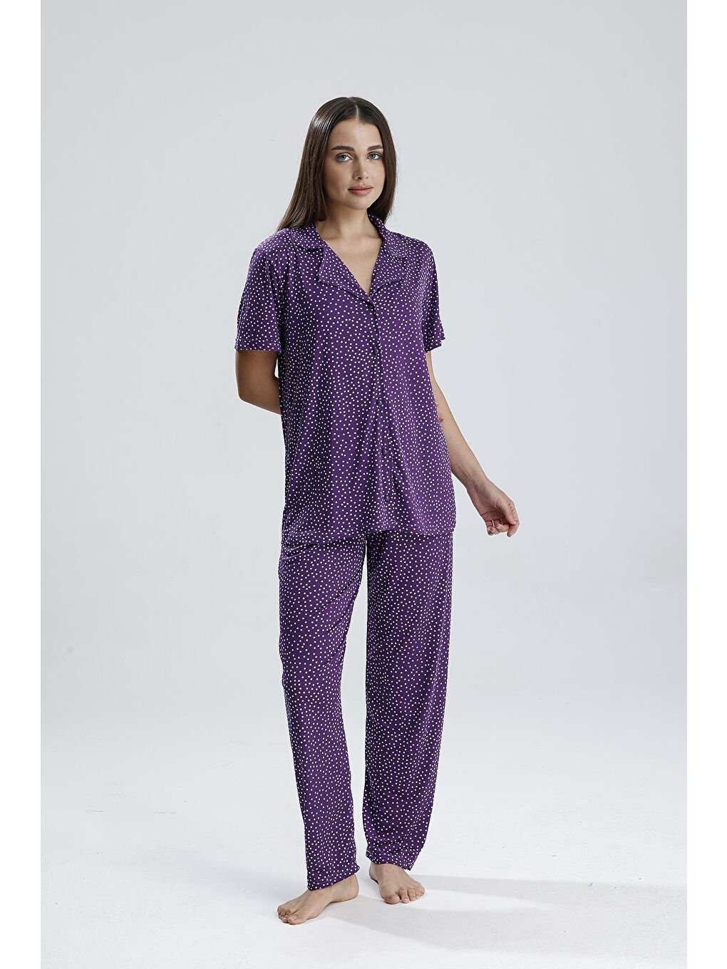 Kadın Puantiye Desen Önden Düğmeli Pijama Takım | Mor