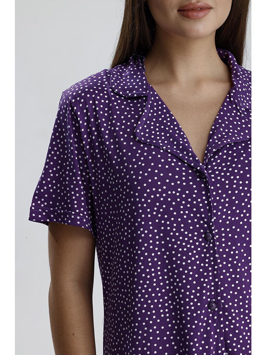 Kadın Puantiye Desen Önden Düğmeli Pijama Takım | Mor-1