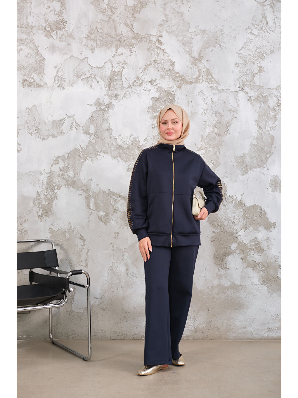 Kadın Omuz Gold Drop Detay Önü Cepli Fermuar Detay Takım Lacivert-3