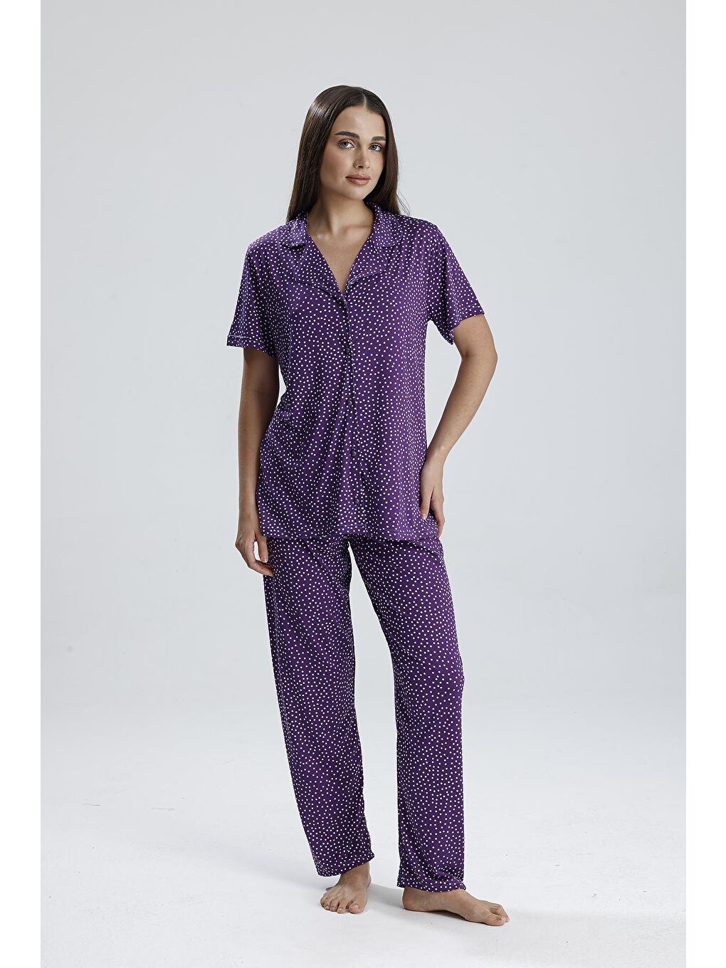 Kadın Puantiye Desen Önden Düğmeli Pijama Takım | Mor-2