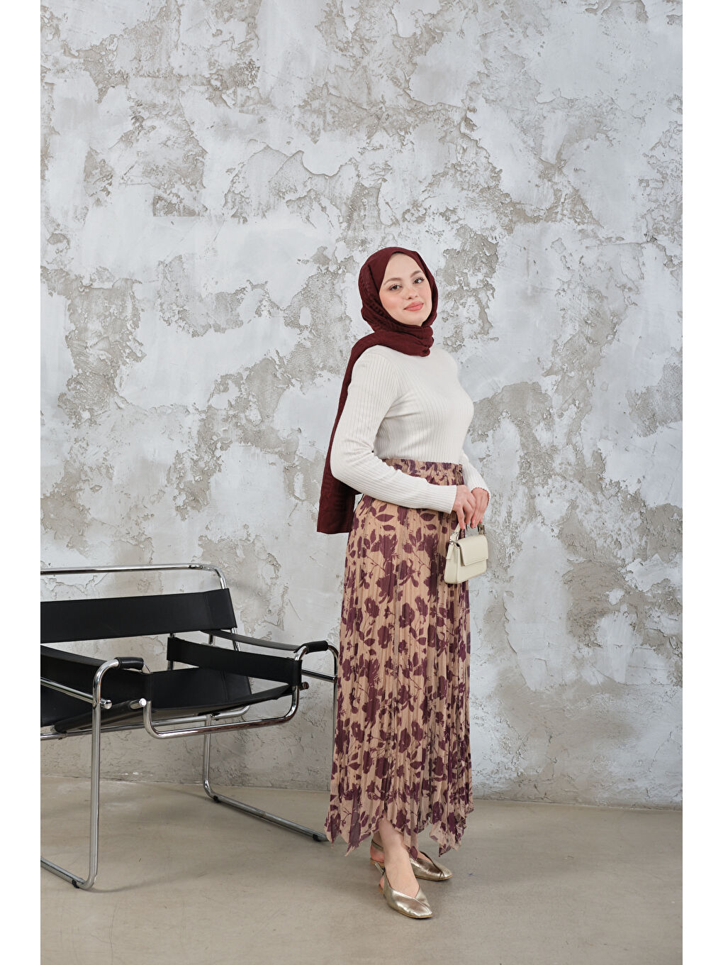 Kadın Asimetrik Şifon Etek Mürdüm-3